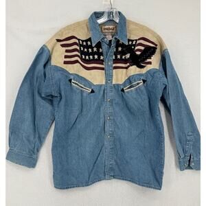 River Gold Vintage Mens Blue Denim USA Flag Eagle Collared Western Shirt Sz L